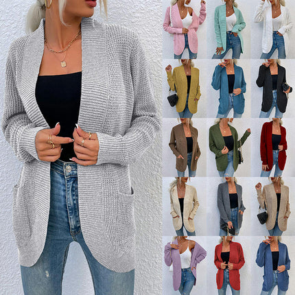 Women's Long Knit Ribbed Cuff Hem Curved Long Sleeve Pocket Sweater Jacket