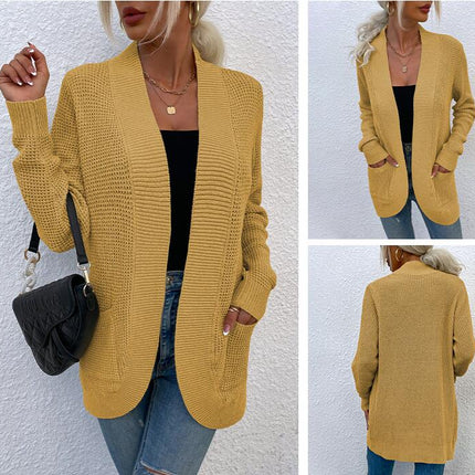 Women's Long Knit Ribbed Cuff Hem Curved Long Sleeve Pocket Sweater Jacket