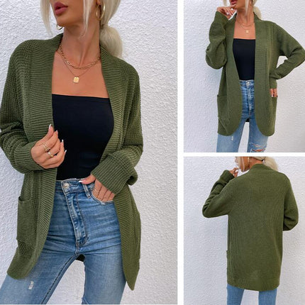 Women's Long Knit Ribbed Cuff Hem Curved Long Sleeve Pocket Sweater Jacket