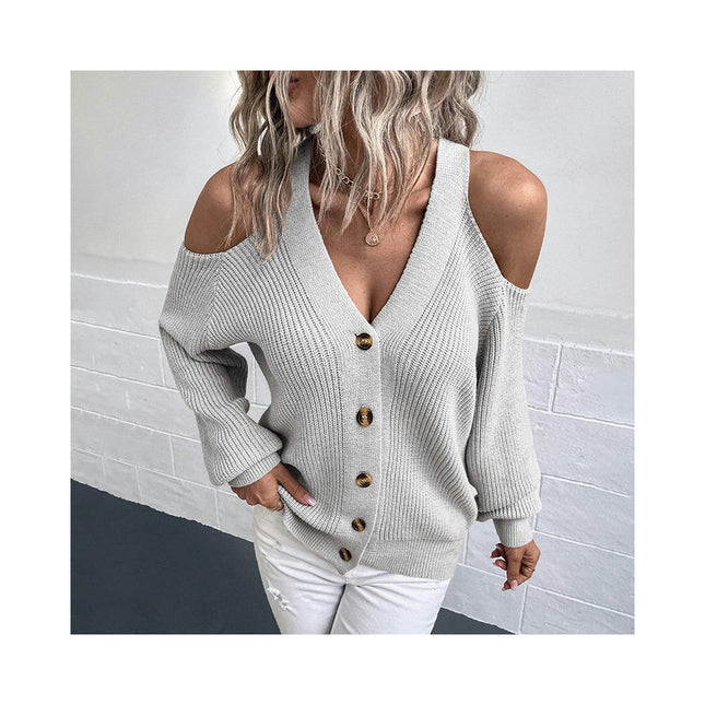 Women Hanging Neck Button Knit Cardigan Show Two Shoulders Long Sleeve Short Sweater Cardigan