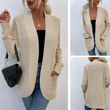 Women's Long Knit Ribbed Cuff Hem Curved Long Sleeve Pocket Sweater Jacket