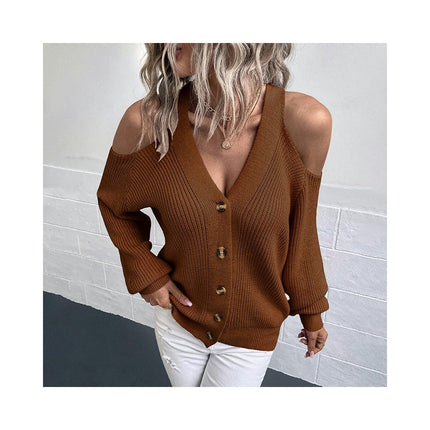 Women Hanging Neck Button Knit Cardigan Show Two Shoulders Long Sleeve Short Sweater Cardigan