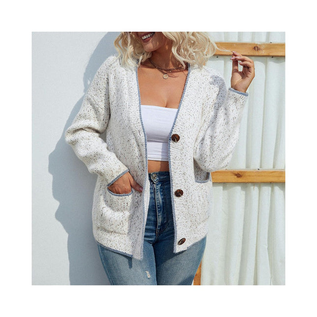 Women's Clashing Color Chenille Knit Pocket Button Sweater Cardigan Jacket