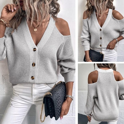 Women Hanging Neck Button Knit Cardigan Show Two Shoulders Long Sleeve Short Sweater Cardigan