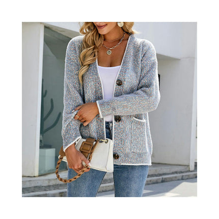 Women's Clashing Color Chenille Knit Pocket Button Sweater Cardigan Jacket