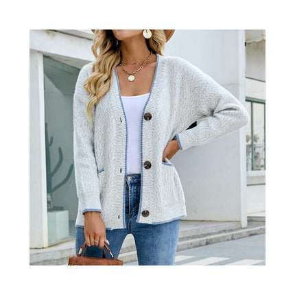 Women's Clashing Color Chenille Knit Pocket Button Sweater Cardigan Jacket