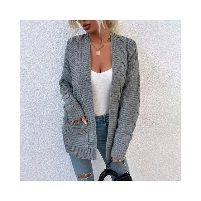 Women's Long Sleeve Twist Mid-Length Pocket Knit Cardigan Jacket