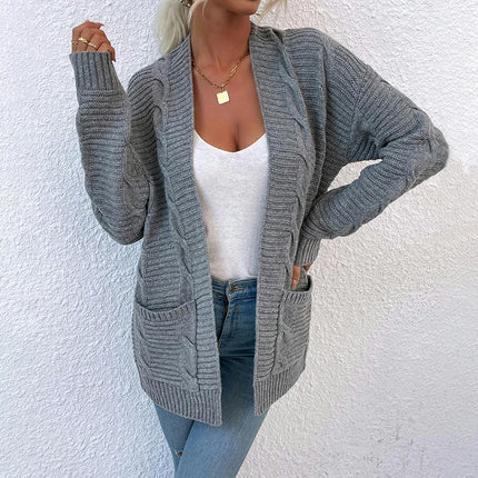 Women's Long Sleeve Twist Mid-Length Pocket Knit Cardigan Jacket