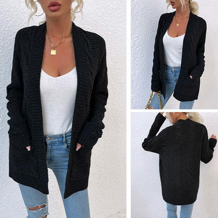 Women's Long Sleeve Twist Mid-Length Pocket Knit Cardigan Jacket