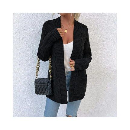 Women's Long Sleeve Twist Mid-Length Pocket Knit Cardigan Jacket