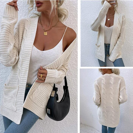 Women's Long Sleeve Twist Mid-Length Pocket Knit Cardigan Jacket