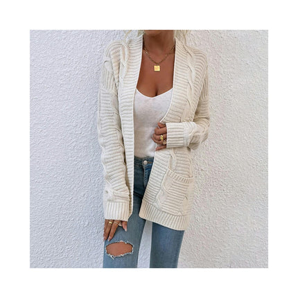 Women's Long Sleeve Twist Mid-Length Pocket Knit Cardigan Jacket