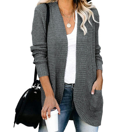 Women's Long Knit Cardigan-Casual Curved Placket Sweater with Large Pockets