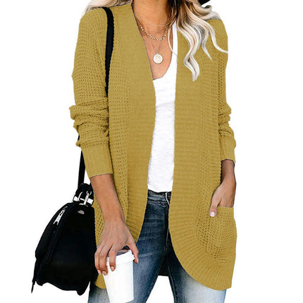 Women's Long Knit Cardigan-Casual Curved Placket Sweater with Large Pockets