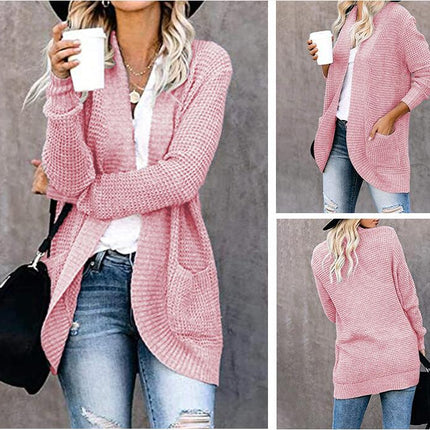 Women's Long Knit Cardigan-Casual Curved Placket Sweater with Large Pockets