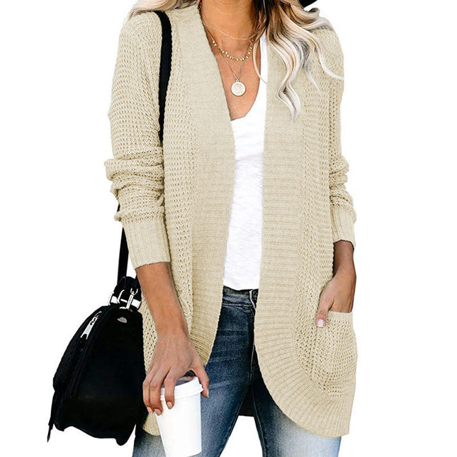 Women's Long Knit Cardigan-Casual Curved Placket Sweater with Large Pockets