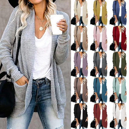 Women's Long Knit Cardigan-Casual Curved Placket Sweater with Large Pockets