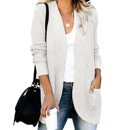 Women's Long Knit Cardigan-Casual Curved Placket Sweater with Large Pockets