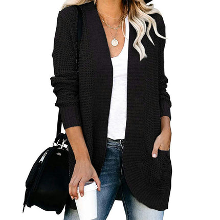 Women's Long Knit Cardigan-Casual Curved Placket Sweater with Large Pockets