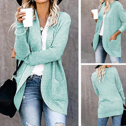 Women's Long Knit Cardigan-Casual Curved Placket Sweater with Large Pockets