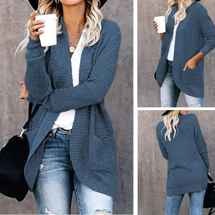 Women's Long Knit Cardigan-Casual Curved Placket Sweater with Large Pockets