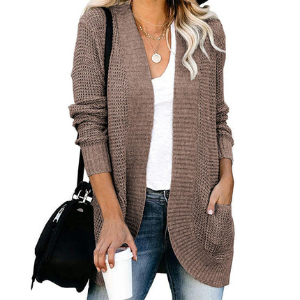 Women's Long Knit Cardigan-Casual Curved Placket Sweater with Large Pockets