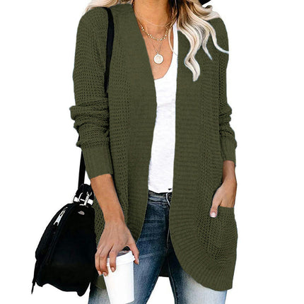 Women's Long Knit Cardigan-Casual Curved Placket Sweater with Large Pockets