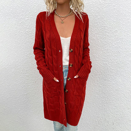 Long Sleeve Long Knit Sweater Twist Sweater Women's Button Cardigan with Pockets