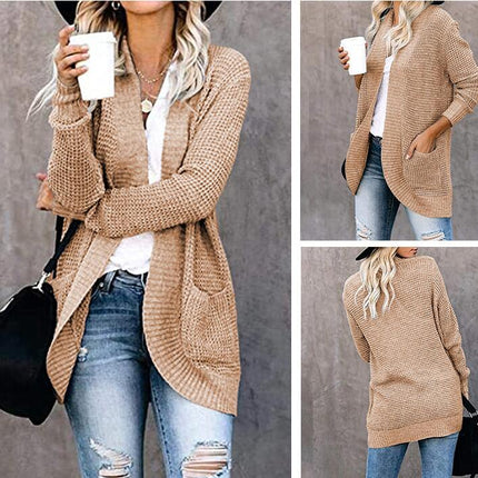 Women's Long Knit Cardigan-Casual Curved Placket Sweater with Large Pockets