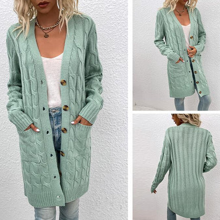 Long Sleeve Long Knit Sweater Twist Sweater Women's Button Cardigan with Pockets