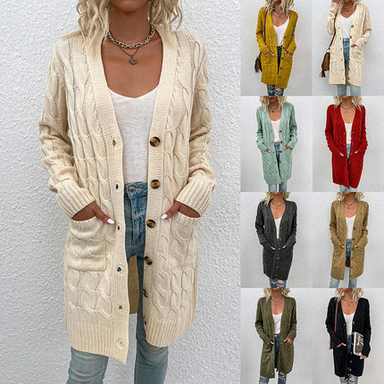 Long Sleeve Long Knit Sweater Twist Sweater Women's Button Cardigan with Pockets