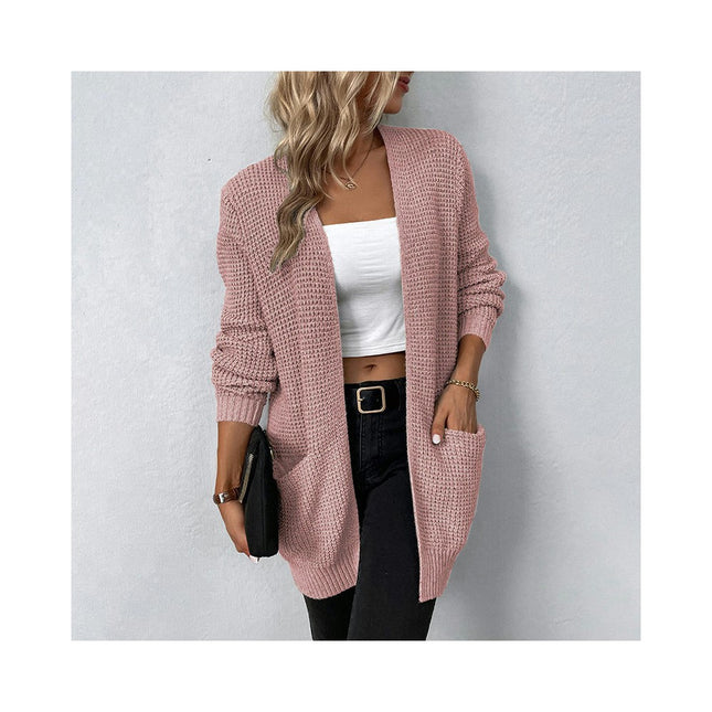 Women's Long Knit Solid Color Long Sleeve Pocket Sweater Cardigan Jacket