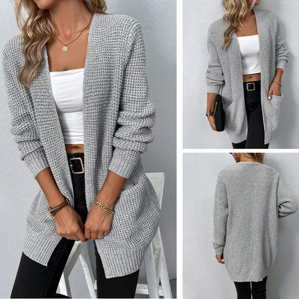 Women's Long Knit Solid Color Long Sleeve Pocket Sweater Cardigan Jacket