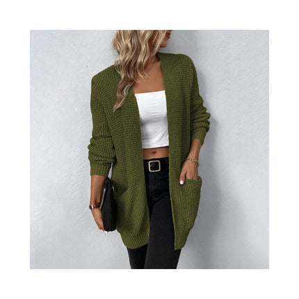 Women's Long Knit Solid Color Long Sleeve Pocket Sweater Cardigan Jacket