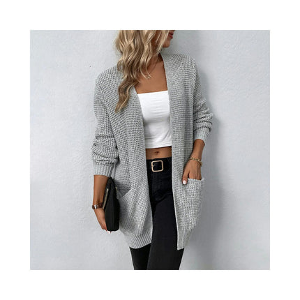 Women's Long Knit Solid Color Long Sleeve Pocket Sweater Cardigan Jacket