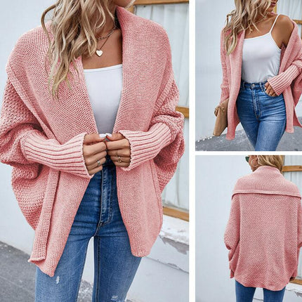 Women's Solid Color Knit Sweater Bat Sleeve Loose Sweater Cardigan Jacket