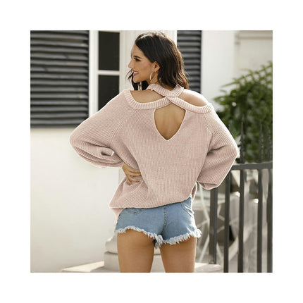 Women's Long Sleeve Short Knit Sweater Round Neck Hanging Neck Reveal Two Shoulders Backless Sweater