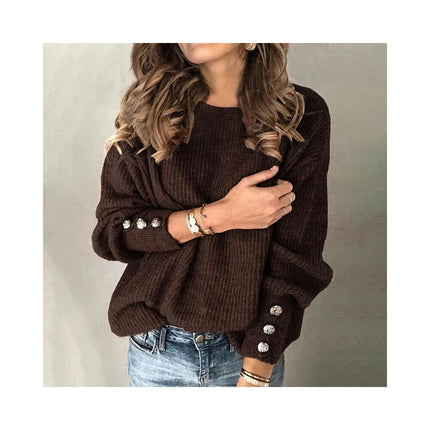 Women Ribbed Sleeve Knit Sweater with Buttons Loose Round Neck Outer Pullover Sweater