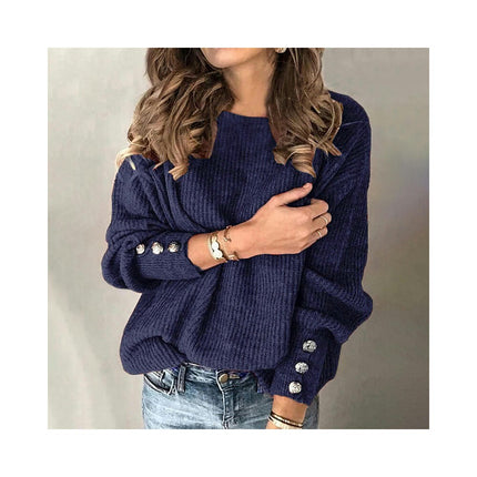 Women Ribbed Sleeve Knit Sweater with Buttons Loose Round Neck Outer Pullover Sweater