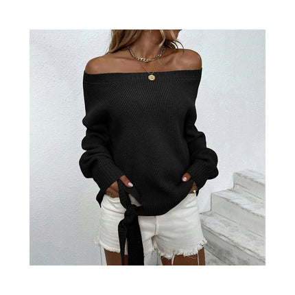 Women's Long Sleeve Pullover Round Neck Ribbed Hem Tie Knit Sweater