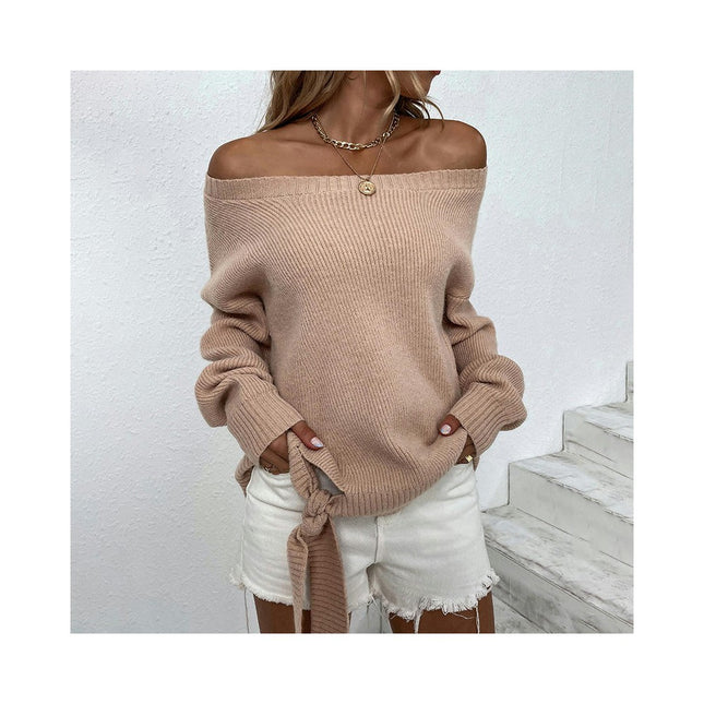 Women's Long Sleeve Pullover Round Neck Ribbed Hem Tie Knit Sweater