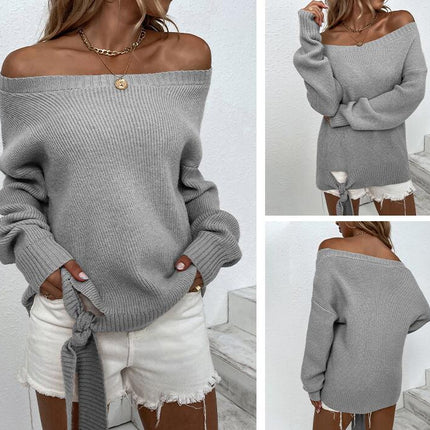 Women's Long Sleeve Pullover Round Neck Ribbed Hem Tie Knit Sweater