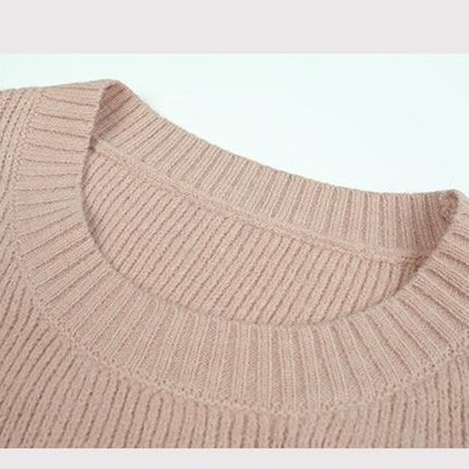 Women's Long Sleeve Pullover Round Neck Ribbed Hem Tie Knit Sweater