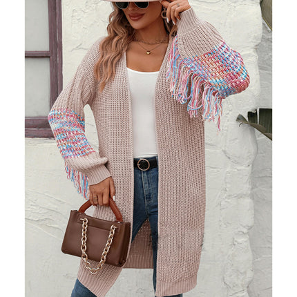 Women's Long Sleeve Fringe Knit Sweater Fashion Long Sweater Cardigan