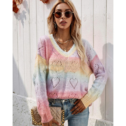 Women's Long Sleeve Cutout Heart Pattern Knit Rainbow Pullover Sweater