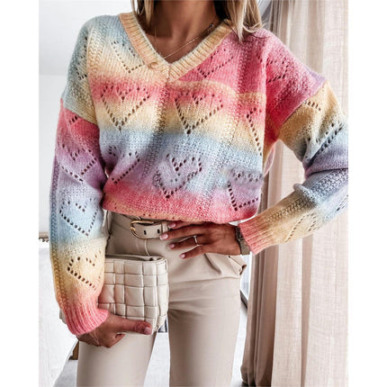 Women's Long Sleeve Cutout Heart Pattern Knit Rainbow Pullover Sweater