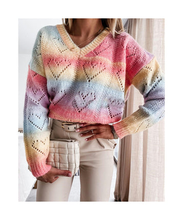 Women's Long Sleeve Cutout Heart Pattern Knit Rainbow Pullover Sweater