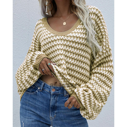 Women's Oversized Knit Sweater Round Neck Long Sleeve Batwing Ribbed Pullover Sweater Top