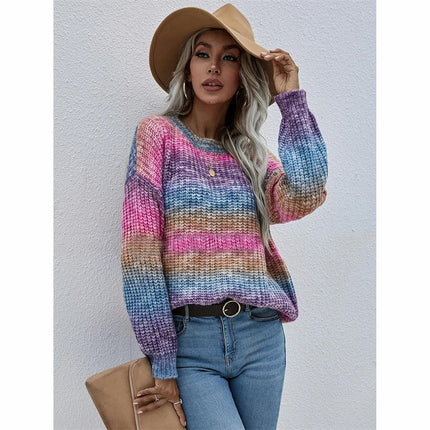 Women's Drop Shoulder Long Sleeve Crew Neck Rainbow Sweater Pullover Top