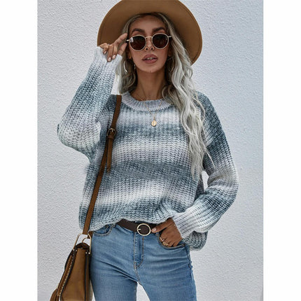 Women's Drop Shoulder Long Sleeve Crew Neck Rainbow Sweater Pullover Top